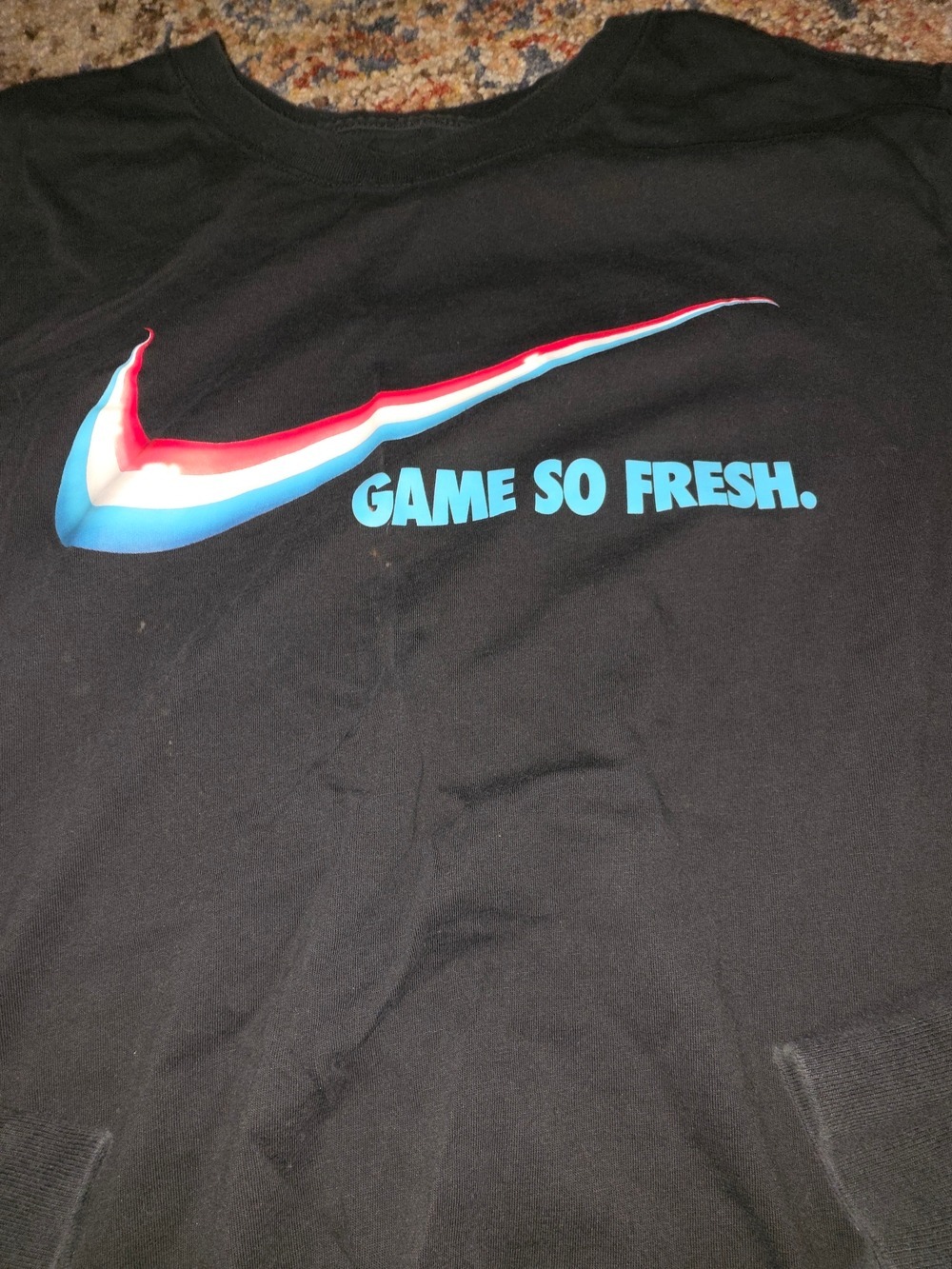 4/$67 Deal! Nike Black Tee with Red, White, and Blue Swoosh - Game So Fresh